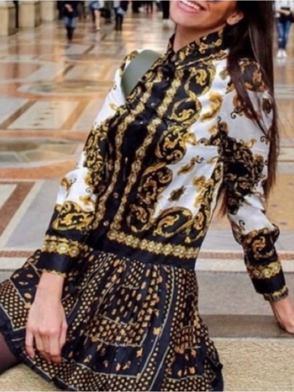 Zara Black, White and Gold Long Sleeve Printed Dress